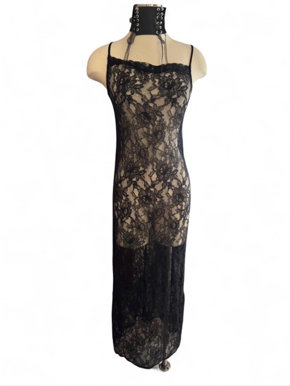 Women’s Size XS H&M Black Sheer Floral Lace Maxi Dress with Spaghetti Straps